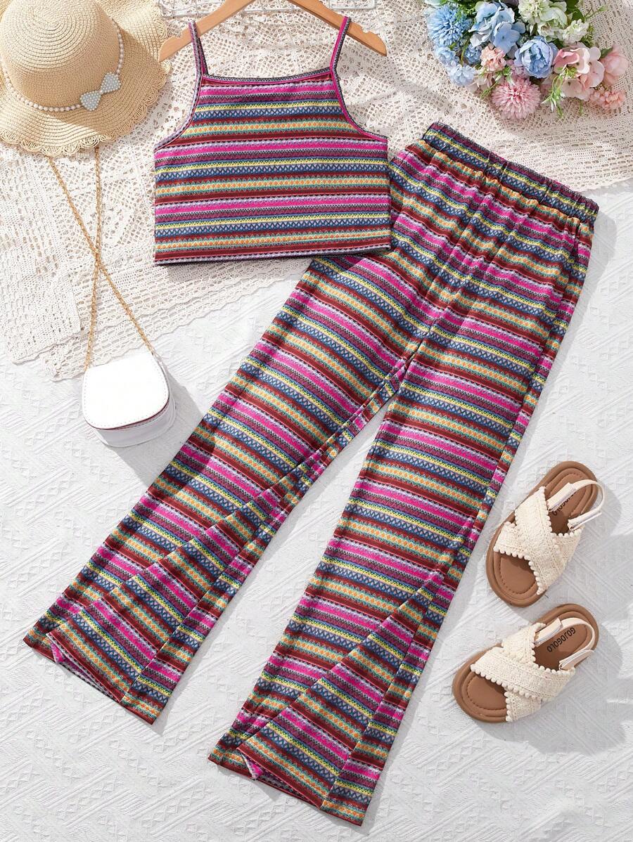 SHEIN Tween Girl Summer Striped Camisole Top And Tight Flared Pants Set - Multicolor - View 1