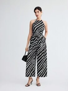 BizChic 女士條紋露背束腰連身褲 - 黑與白 - 查看 5