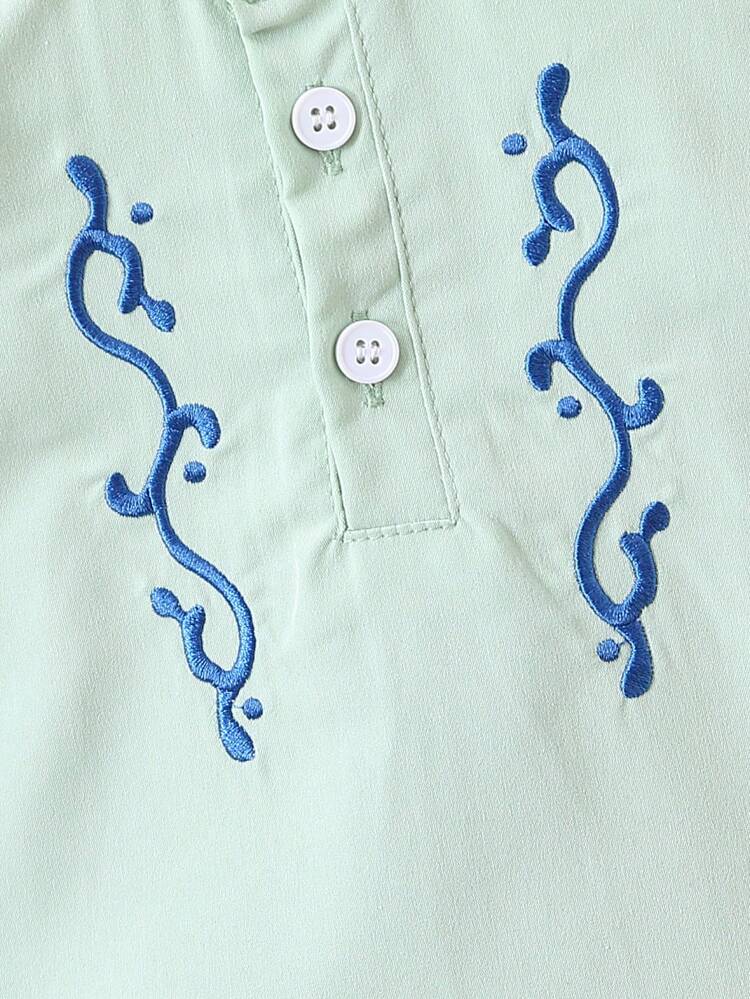 2pcs/Set Baby Boy's Spring Summer Fashionable Embroidered Short Sleeve Top And Denim Shorts Outfit