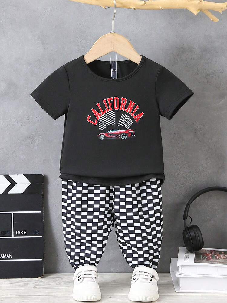 Baby Girl Casual Street Chic Heart & Letter Print Short Sleeve Top And Checker Printed Long Pants 2pcs/Set
