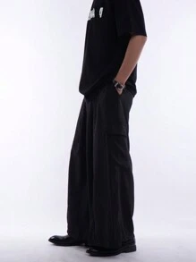 Manfinity EMRG Nam Màu Trơn Thời Trang Quần Ống Rộng Thích Hợp Cho Trang Phục Hàng Ngày Oversize Dài Loe Đen Trơn Đi Chơi - màu đen - Xem 4