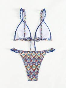SHEIN Swim Retro All Over Print V-Neck Bikini Set With Ruffle Trim Summer - Multicolor - View 5