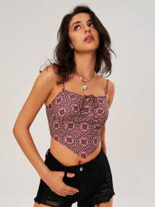 Bohemela Vacation Print Tie Front Strappy Cami Top - Rust Brown - View 3