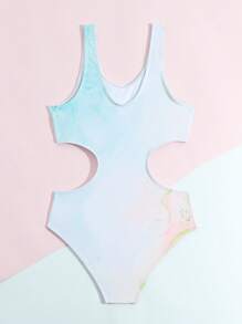 Tween Girl Gradient Hollow Out One Piece Swimsuit With High Waist - Coral Orange - View 2
