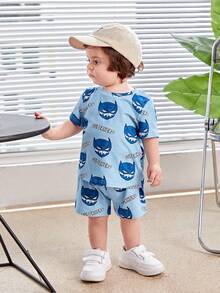 SHEIN 嬰兒男女休閒可愛卡通圖案針織短袖t恤短褲套裝 - 彩色 - 查看 8