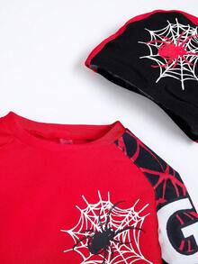 SHEIN 3入組男孩休閑舒適蜘蛛網圖案透氣長袖、對比色短褲和游泳帽套裝,適用於春夏假期 - 紅色 - 查看 3