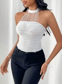 SHEIN Privé HEN PARTY Women's Mesh Contrast Halter Knitted Top - Beige - View 3