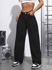 SHEIN PETITE Jeans Holgados De Cintura Media Para Mujer - Negro - Ver 1