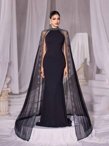 Faeriesty 优雅高领鱼尾晚礼服，搭配可拆卸装饰网眼披肩——非常适合黑色领带晚会、红毯活动、正式婚礼、晚宴和奢华慈善活动 - 黑色 - 查看 5