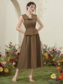 Modelyn 女士优雅两件套，包含一件前扣无袖上衣和一条飘逸的裙子 2 件套 - 卡其色 - 查看 3