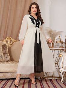 Modelyn Fashionable Color Block V-Neck Lantern Sleeve Long Dress Long Evening Dresses - Apricot - View 7