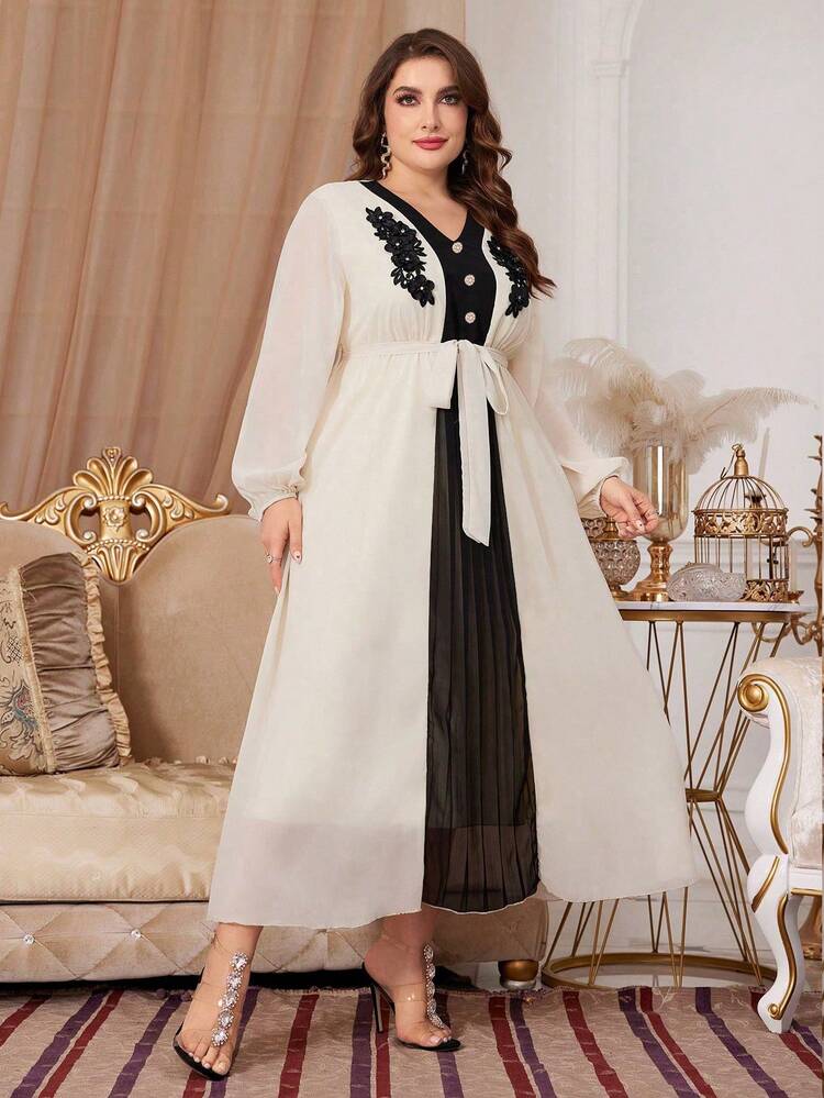 Fashionable Color Block V-Neck Lantern Sleeve Long Dress Long Evening Dresses