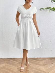 SHEIN Essnce 女士純色簡約v領連身裙 - 白色 - 查看 3