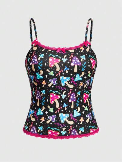 ThisUniqueVibe Top De Tirantes De Cuello Redondo De Encaje De Parche Para Mujeres Con Estampado De Setas