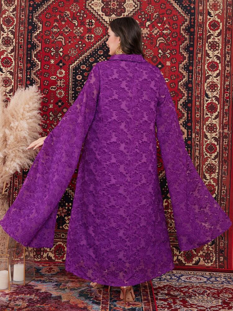 Plus-Size V-Neck Floral Jacquard Dress With Long Slit Sleeves Kaftan Jalabiya Dress