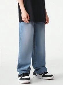 SHEIN Tween Boy Vintage Basic Casual Loose Straight Leg Jeans In College Style Chic Autumn/Winter - Medium Wash - View 3