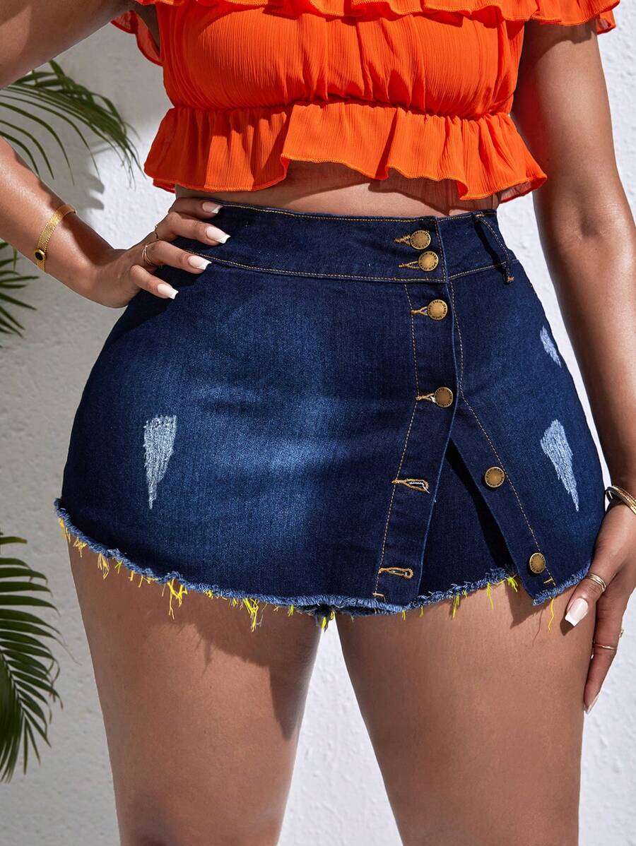 SHEIN SXY 加大碼女士牛仔短褲,單排釦門設計和毛邊裝飾 - 深色水洗藍 - 查看 1