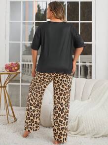 Leopard Lip & Letter Printed Top And Bottom Casual Set - Multicolor - View 3