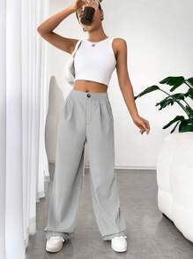 SHEIN EZwear 純色百褶直筒褲 - 淺灰色 - 查看 4