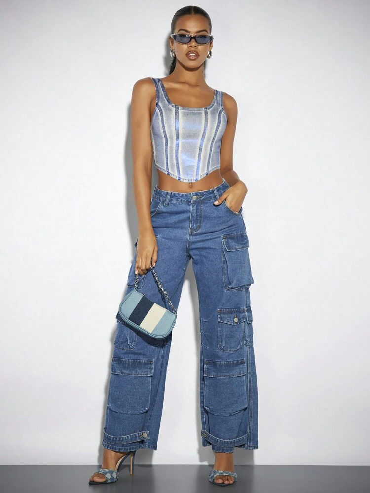 Metallic Women's Sexy Asymmetrical Hem Sleeveless Denim Top
