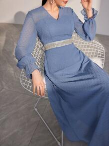 Modelyn Women's Swiss Dot Waist Cinched Arabian Dress Long Evening Dresses