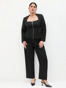 BizChic Conjunto De Top De Manga Larga Con Cremallera Frontal Y Pantalones De Talla Grande - Negro - Ver 5