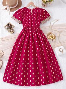 SHEIN Tween Girls' Gorgeous Polka Dot Print Patchwork Embroidered Tape Dress With Puff Sleeves For Party Summer - Burgundy - View 2