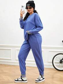 Street Sport Women's Round Neck Knitted Sportswear Top And Pants Set - Blue - View 4