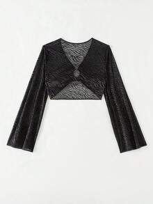 SHEIN Swim Của phụ nữ Mặt trước Buộc Tay áo dài Quần skinny Áo Cover Up - màu đen - Xem 5