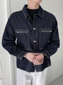 DAZY Men Zip Up Pocket Patched Denim Jacket - Blue - View 4