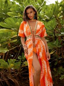 SHEIN Swim Áo choàng ngày lễ in họa tiết thực vật cho nữ có cổ và eo bằng ren mỏng manh - trái cam - Xem 4