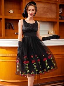 SHEIN DECDS 复古优雅情人节春夏网眼撞色连衣裙，带褶皱胸围和伞形设计派对女士连衣裙舞会礼服复古服装黑色连衣裙 - 黑色 - 查看 6