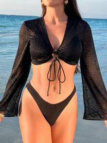 SHEIN Swim Của phụ nữ Mặt trước Buộc Tay áo dài Quần skinny Áo Cover Up - màu đen - Xem 2