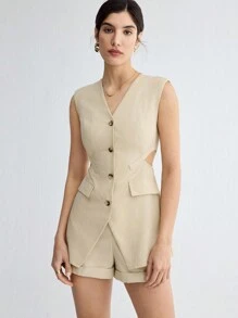 BizChic Women's Elegant Business Hollow Out Vest & Shorts Suit Set - Khaki - View 2