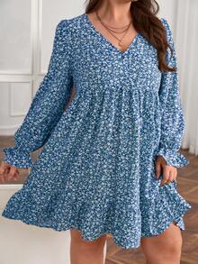 SHEIN Frenchy Kích thước lớn Của phụ nữ Hoa In Xù Hoa Sen Đầm - Màu xanh lam - Xem 4