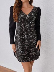 SHEIN Frenchy Women Dresses Kontras Sequin Zip Plain Pesta - Hitam dan emas - View 5