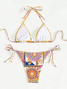 SHEIN Swim Summer Beach Women's Random Printed Knot Front Halter Neck Bikini Set - Multicolor - View 5