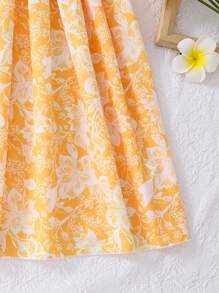 青少女花卉印花蕾絲拼接裙,適合夏日休閒度假穿著 - 黃色 - 查看 3