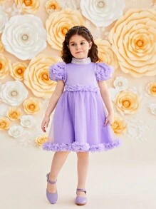 SHEIN Leap Crew 少女 1入組 華麗圓領3d花 & 網紗拼接裙 - 紫色 - 查看 4