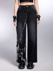 ROMWE Grunge Punk 洗水直筒牛仔褲,帶原始邊緣和斜口袋 - 黑色 - 查看 1