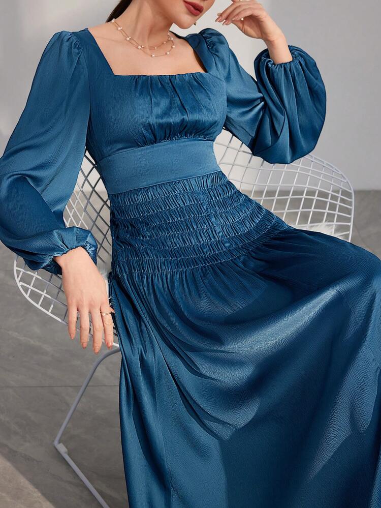 Women's Lantern Sleeve Loose Fit Dress With Draped Neckline Long Evening Dresses
