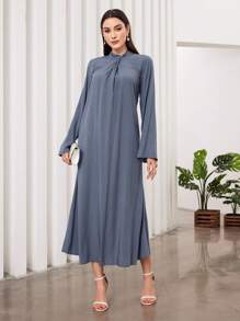 Al Najma Arabic Long Sleeve Dress With Twist Knot At The Collar - Blue - View 3