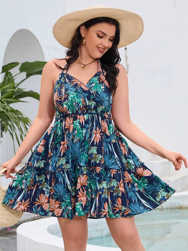 Plus Size Tropical Printed Halter Neck Backless Dressshort Summer Dress Long Beach Dress