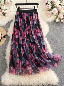 女性褶皺裙,滿版花卉印花 - 彩色 - 查看 2