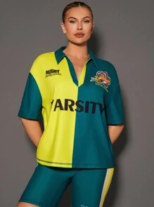 VARSITIE Lá thư In Khối màu Thả vai Áo polo - Nhiều màu - Xem 3