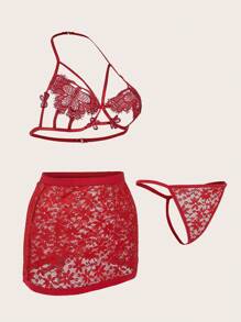 Women'S Red Embroidered Sexy Lingerie Three-Piece Set (Valentine'S Day)