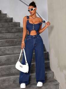 SHEIN ICON 女式中空寬腿牛仔背帶褲 - 藍色 - 查看 4