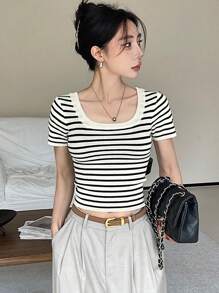 DAZY 女士商务休闲条纹针织上衣夏季 - 彩色 - 查看 3