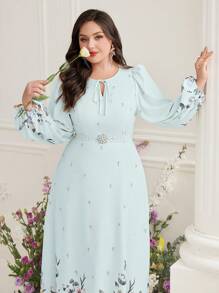 Mulvari Plus Size Floral Print Lantern Sleeve Dress