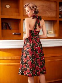 Vintamour 復古優雅鬆身玫瑰印花連衣裙，配有蝴蝶結領口和傘裙，適用於春夏復活節女裝夏季服裝 - 彩色 - 查看 2